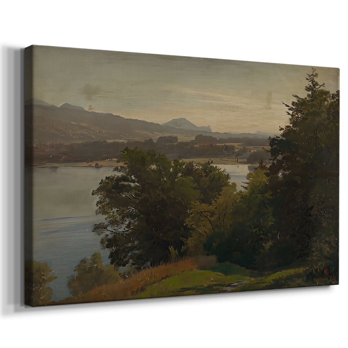 Canvas art print featuring a tranquil landscape with smooth water surface and distant terrain, displayed at an angle