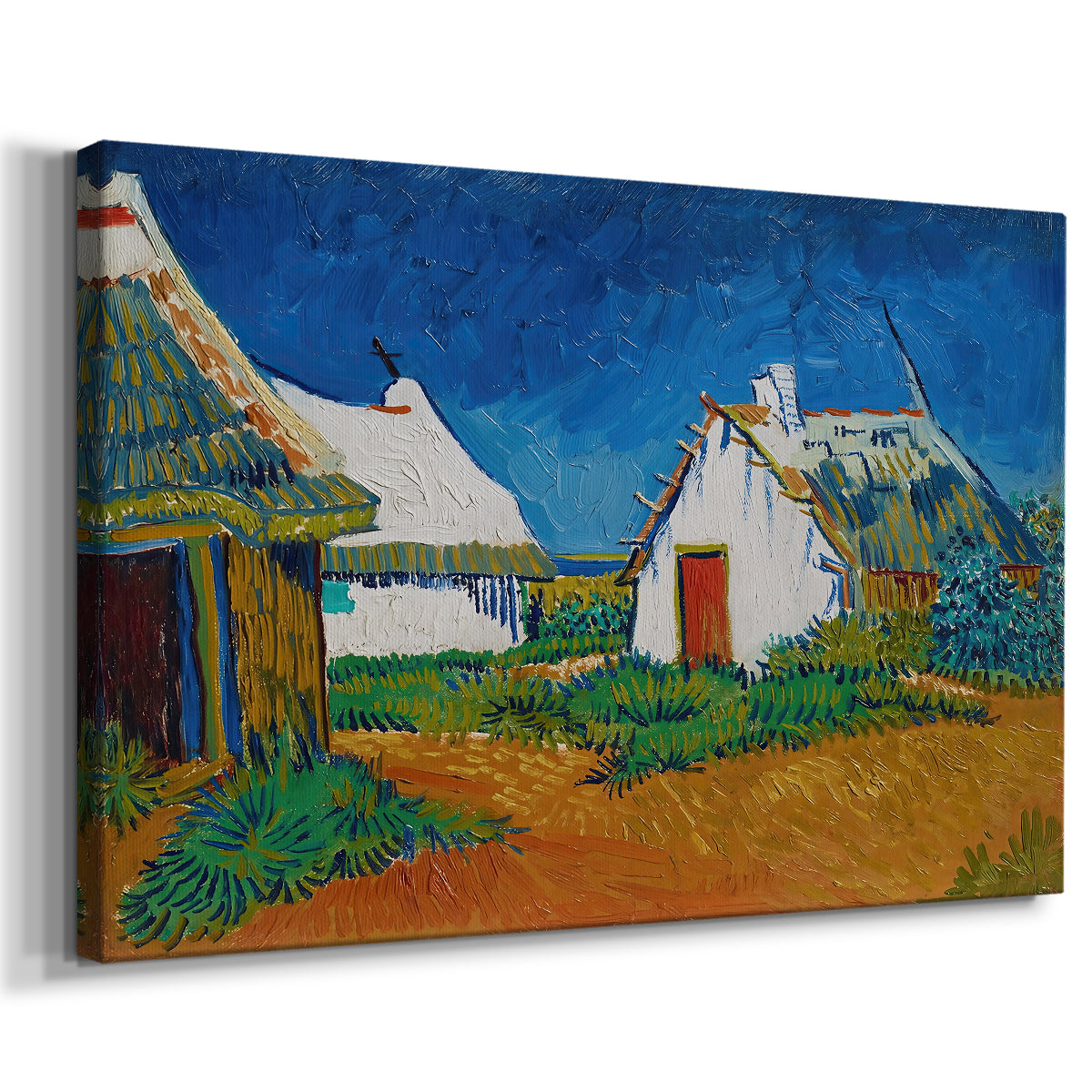 Canvas art print featuring an expressive architectural scene with houses and terrain, displayed at an angle