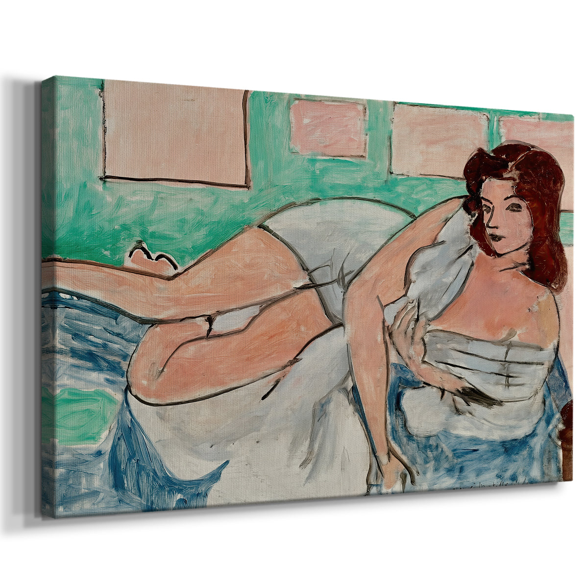 Canvas art print featuring an expressive interior with a reclining woman on a patterned surface, displayed at an angle