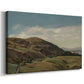 Canvas art print featuring a Norwegian countryside with distant church overlooking fjord and fields, displayed at an angle