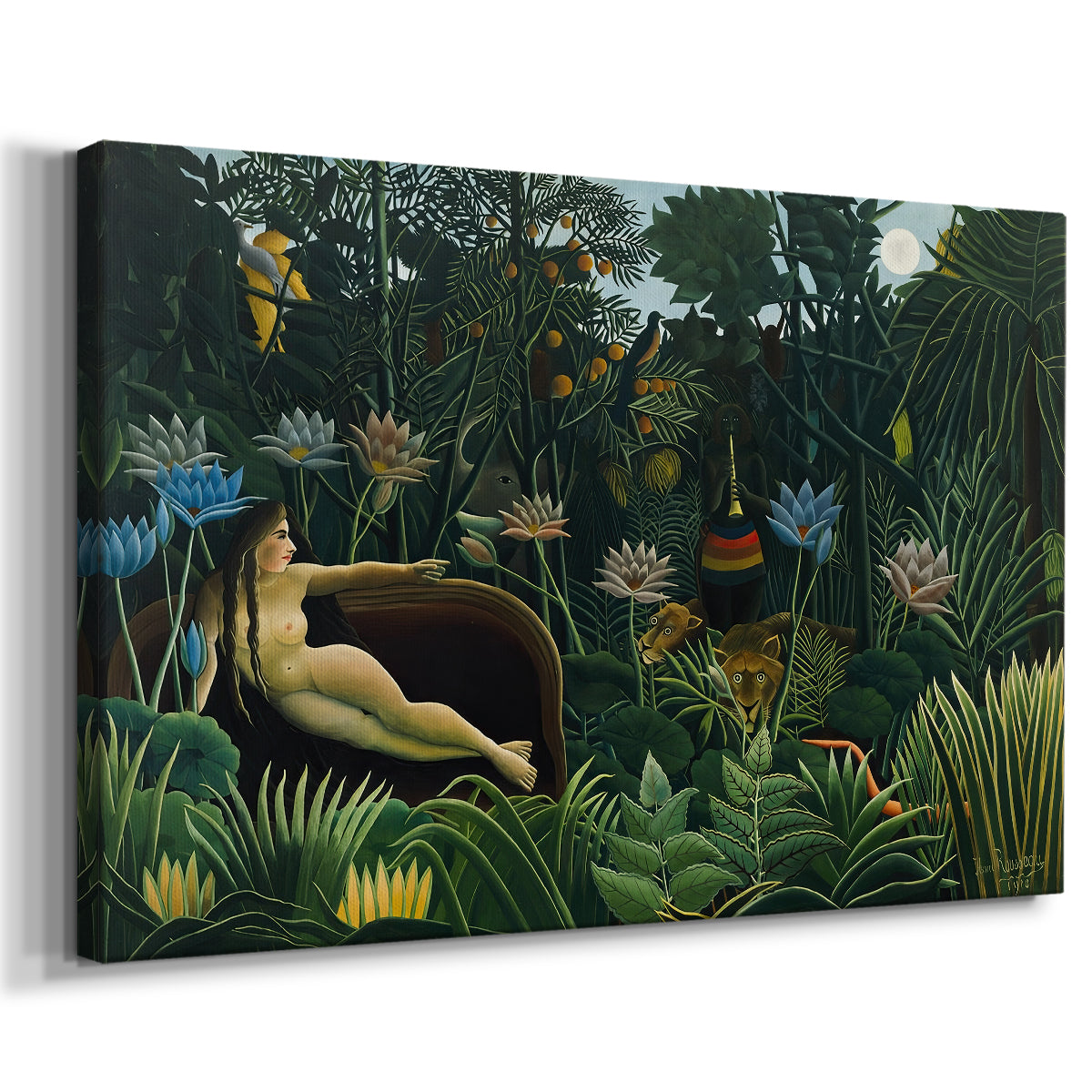 Canvas art print featuring an exotic scene with figure lying among lush tropical vegetation, displayed at an angle