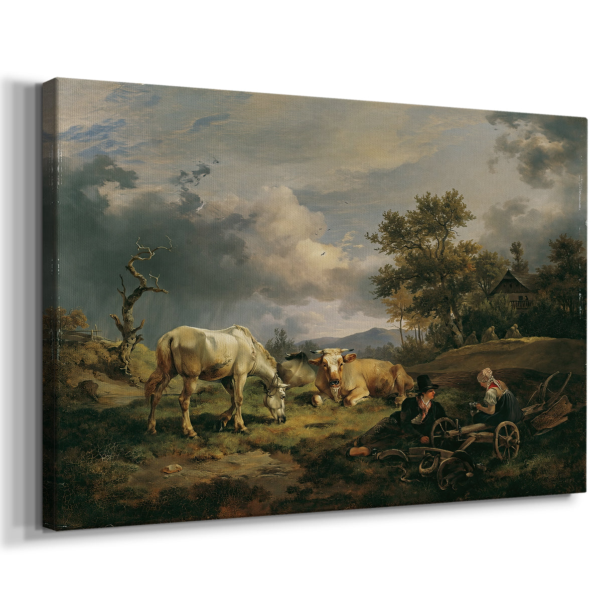 Canvas art print featuring a pastoral scene with figures in countryside, displayed at an angle