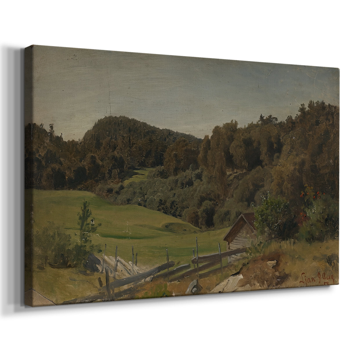 Canvas art print featuring a pastoral countryside with greenery and gentle terrain, displayed at an angle