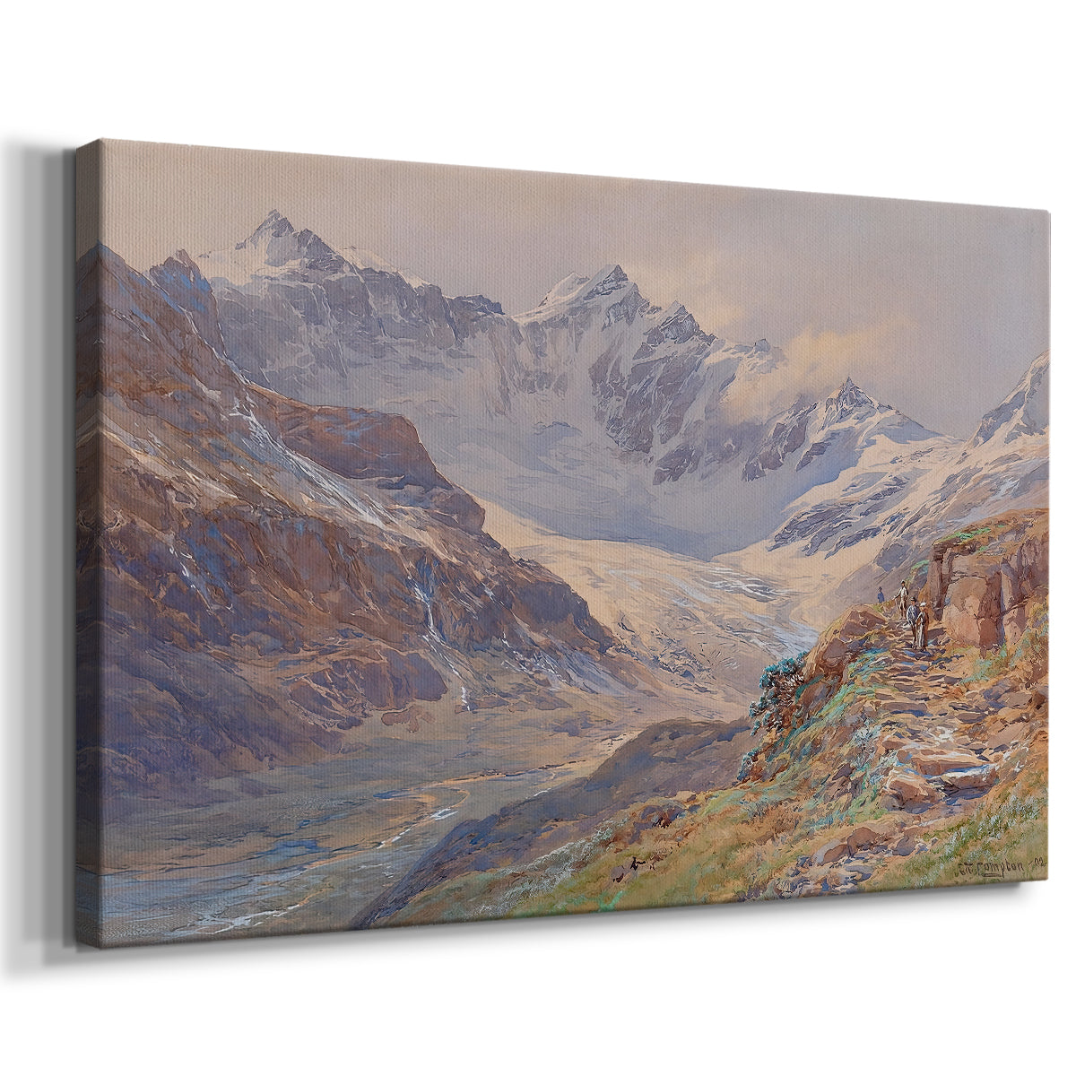Canvas art print featuring a mountain scene with glacier stretching through rocky valley, displayed at an angle