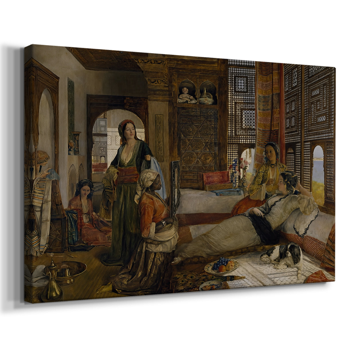 Canvas art print featuring a detailed cultural interior with ornate decor and textiles, displayed at an angle
