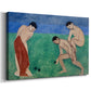 Canvas art print featuring an expressive scene of people engaged in an outdoor lawn game, displayed at an angle
