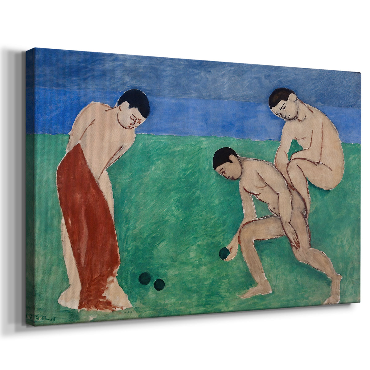 Canvas art print featuring an expressive scene of people engaged in an outdoor lawn game, displayed at an angle