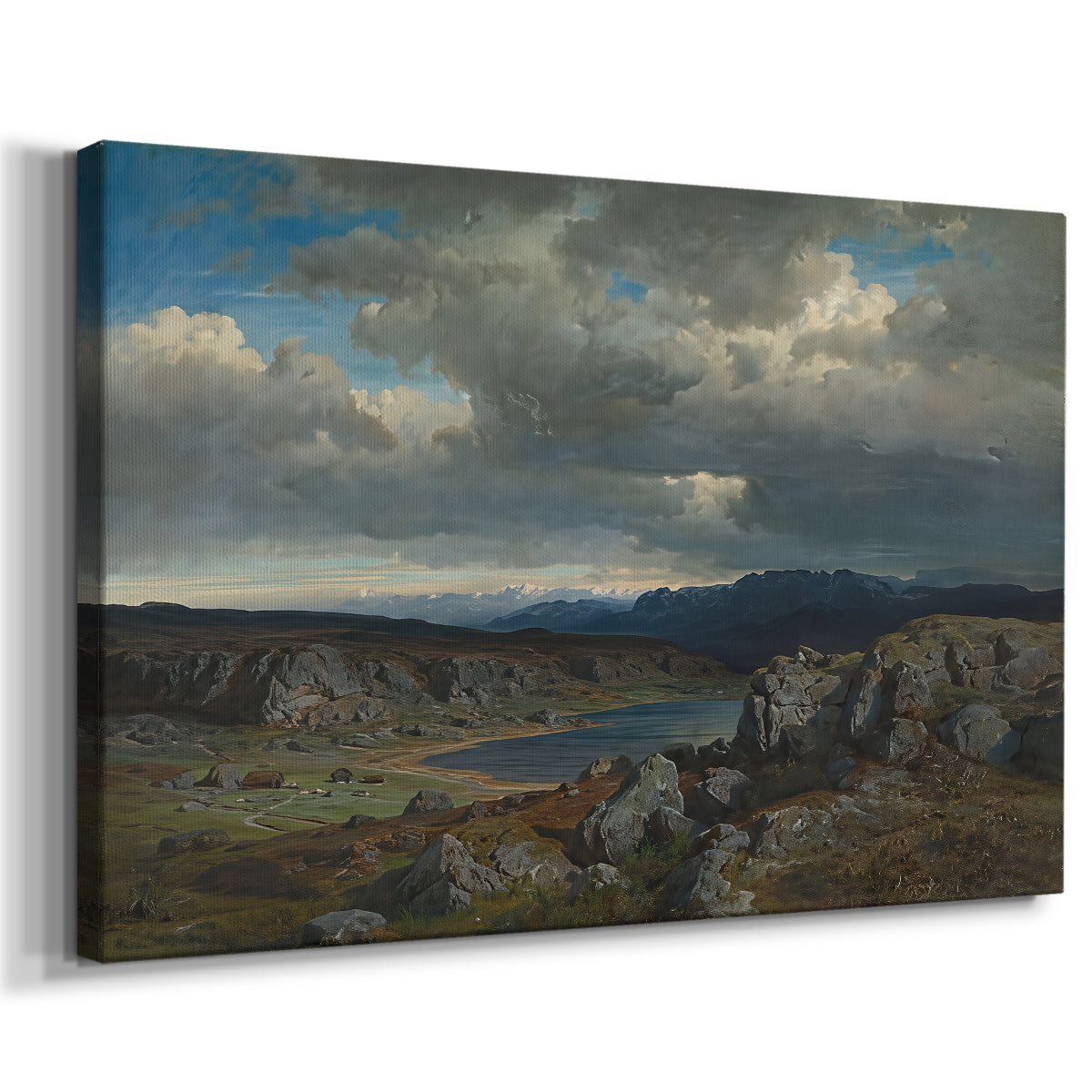 Canvas art print featuring an expansive natural scene with hills and distant peaks, displayed at an angle