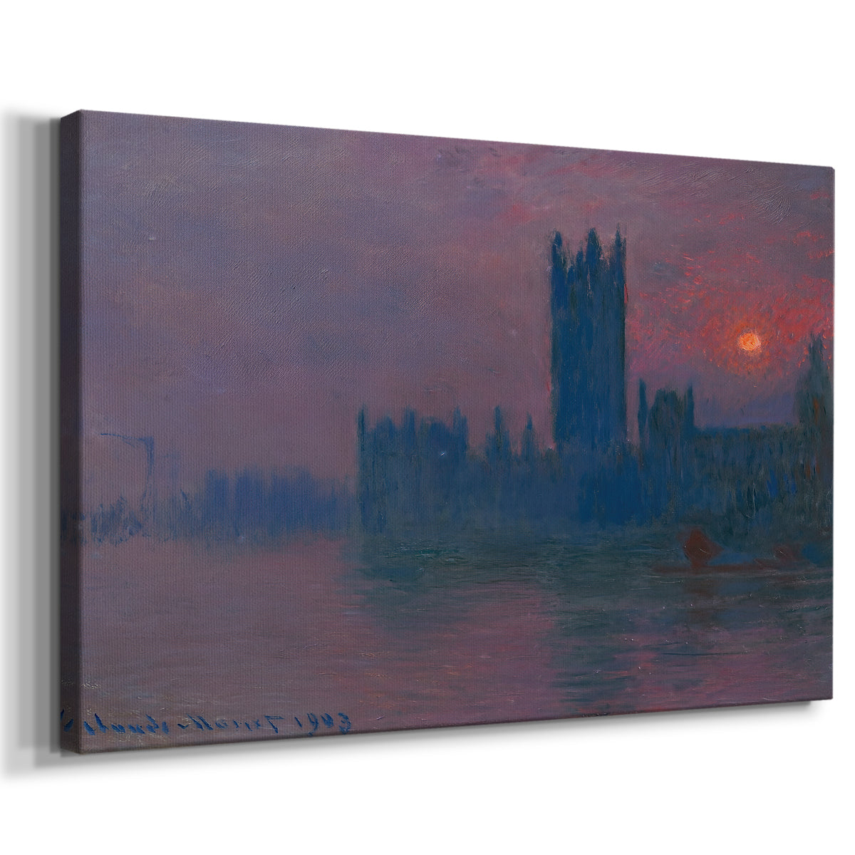 Canvas art print featuring an impressionist cityscape with warm sunset light over water, displayed at an angle