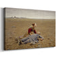 Canvas art print featuring an emotional scene of person lying down in field after labor, displayed at an angle