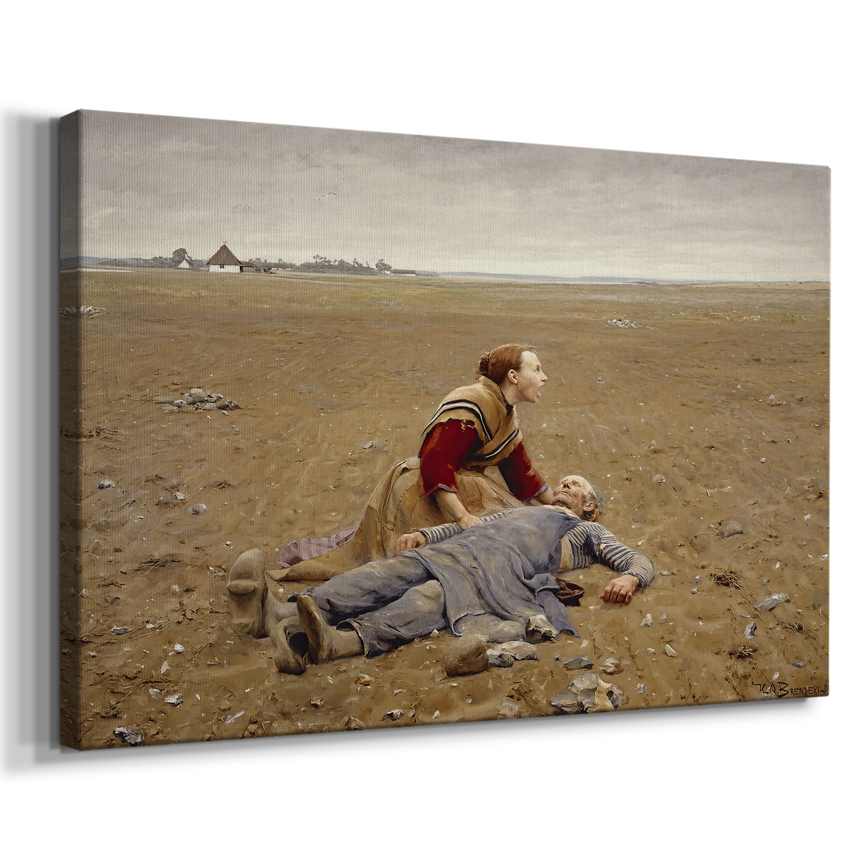 Canvas art print featuring an emotional scene of person lying down in field after labor, displayed at an angle