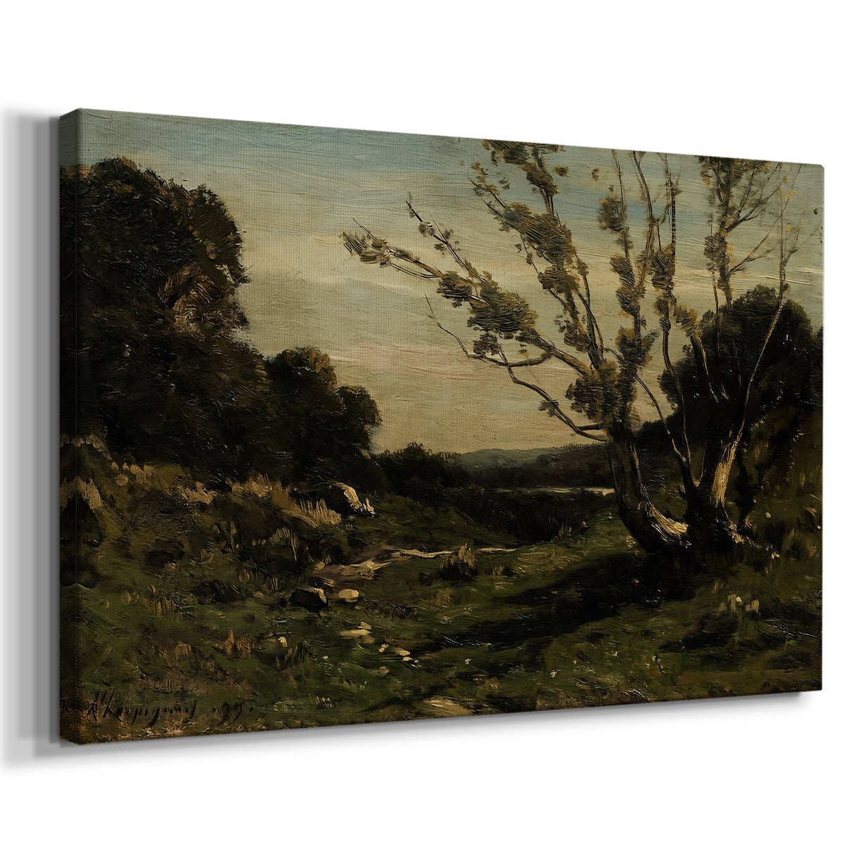 Canvas art print featuring a peaceful rural scene with misty atmosphere and gentle tones, displayed at an angle
