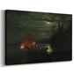 Canvas art print featuring a nighttime fishing scene with people in small boat on water, displayed at an angle