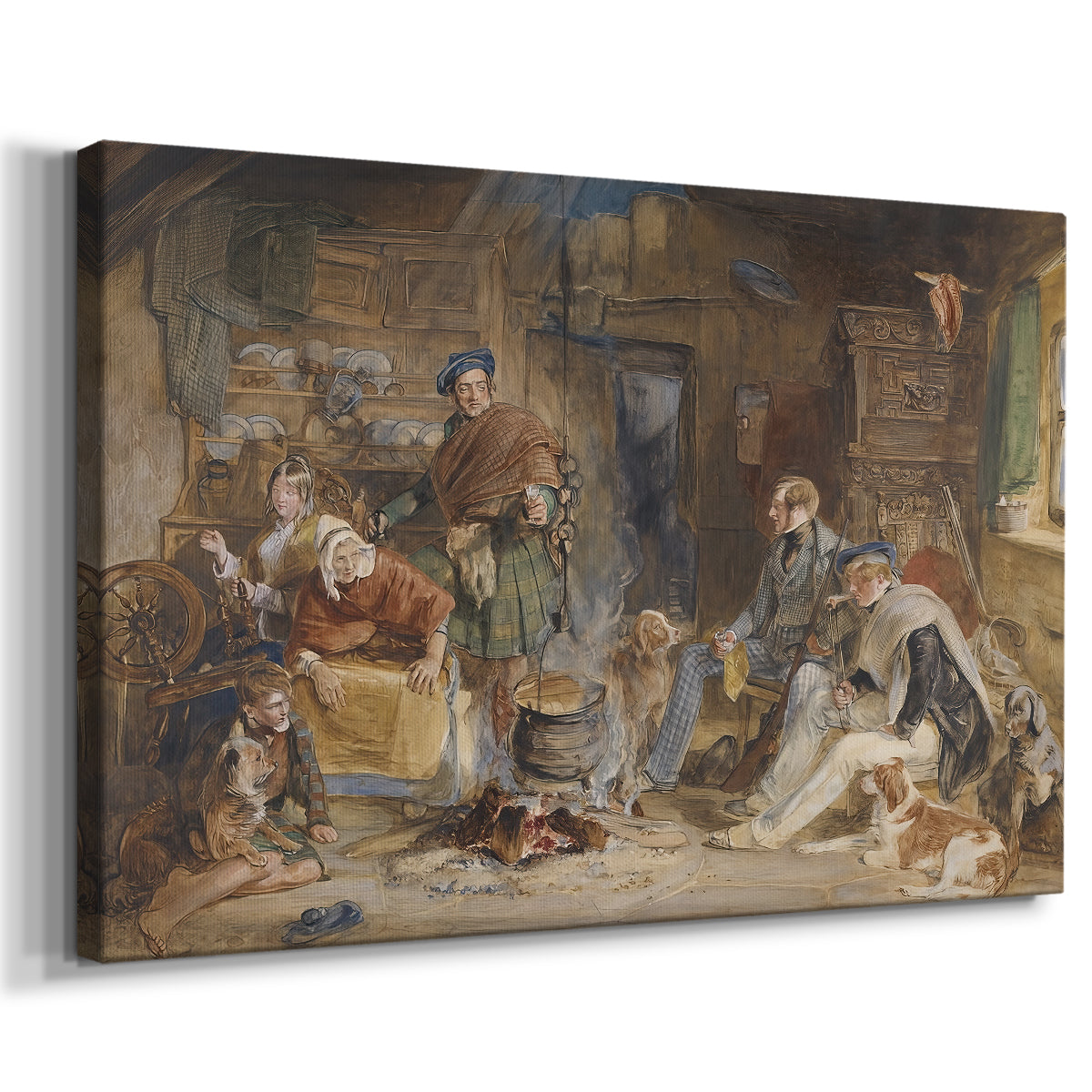 Canvas art print featuring a domestic scene with people interacting around a meal, displayed at an angle