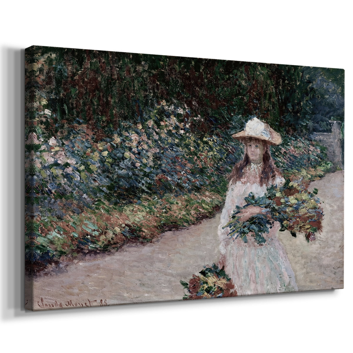 Canvas art print featuring an impressionist garden scene with child among greenery and blossoms, displayed at an angle