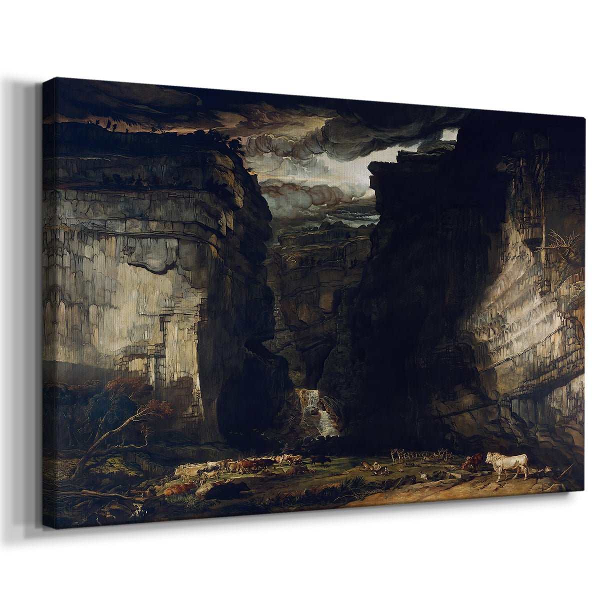 Canvas art print featuring a rugged landscape with steep rock formations and depth, displayed at an angle