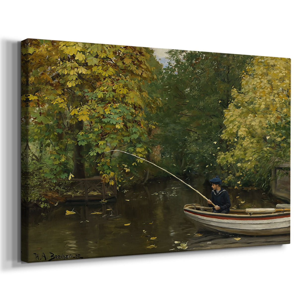 Canvas art print featuring a peaceful outdoor scene with child fishing near riverbank, displayed at an angle