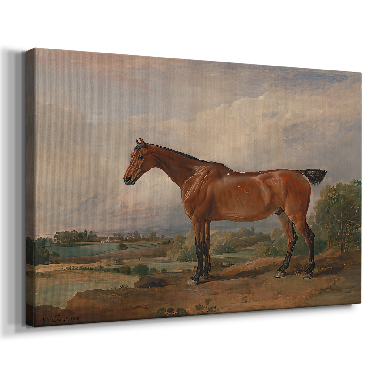 Canvas art print featuring a countryside hunting scene with rider on horseback, displayed at an angle