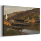 Canvas art print featuring a coastal scene with pier and moored boats in calm water, displayed at an angle
