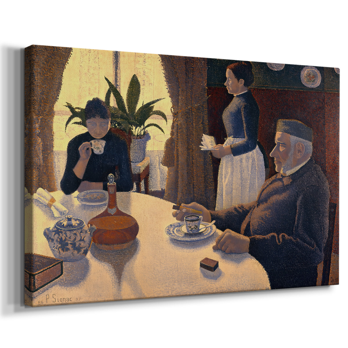 Canvas art print featuring a domestic dining scene in dotted texture, displayed at an angle