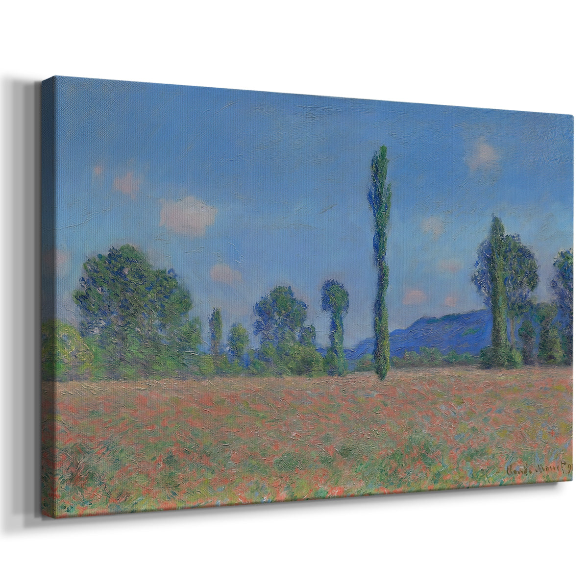 Canvas art print featuring an impressionist landscape of blooming poppies in countryside, displayed at an angle