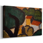 Canvas art print featuring a stylized village scene with bold shapes and color blocks, displayed at an angle