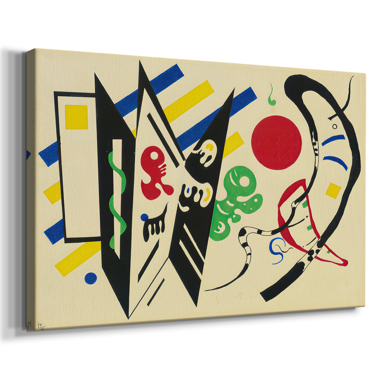 Canvas art print featuring an abstract composition of geometric shapes and lines arranged in balanced layout, displayed at an angle