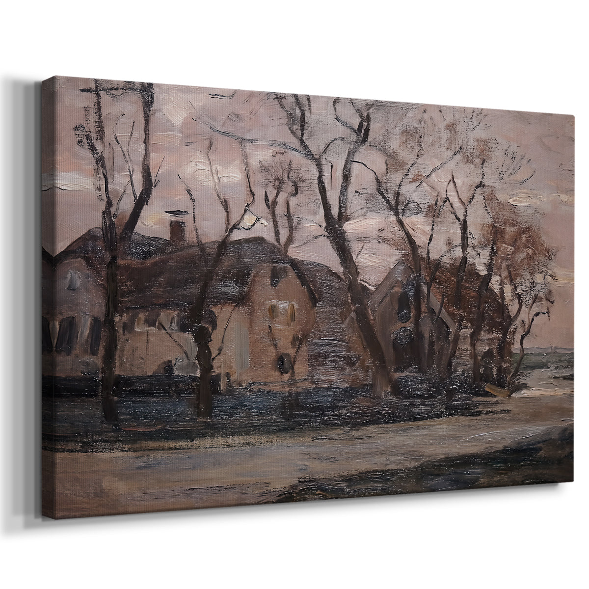 Canvas art print featuring a transitional landscape with soft tones and simplified forms, displayed at an angle