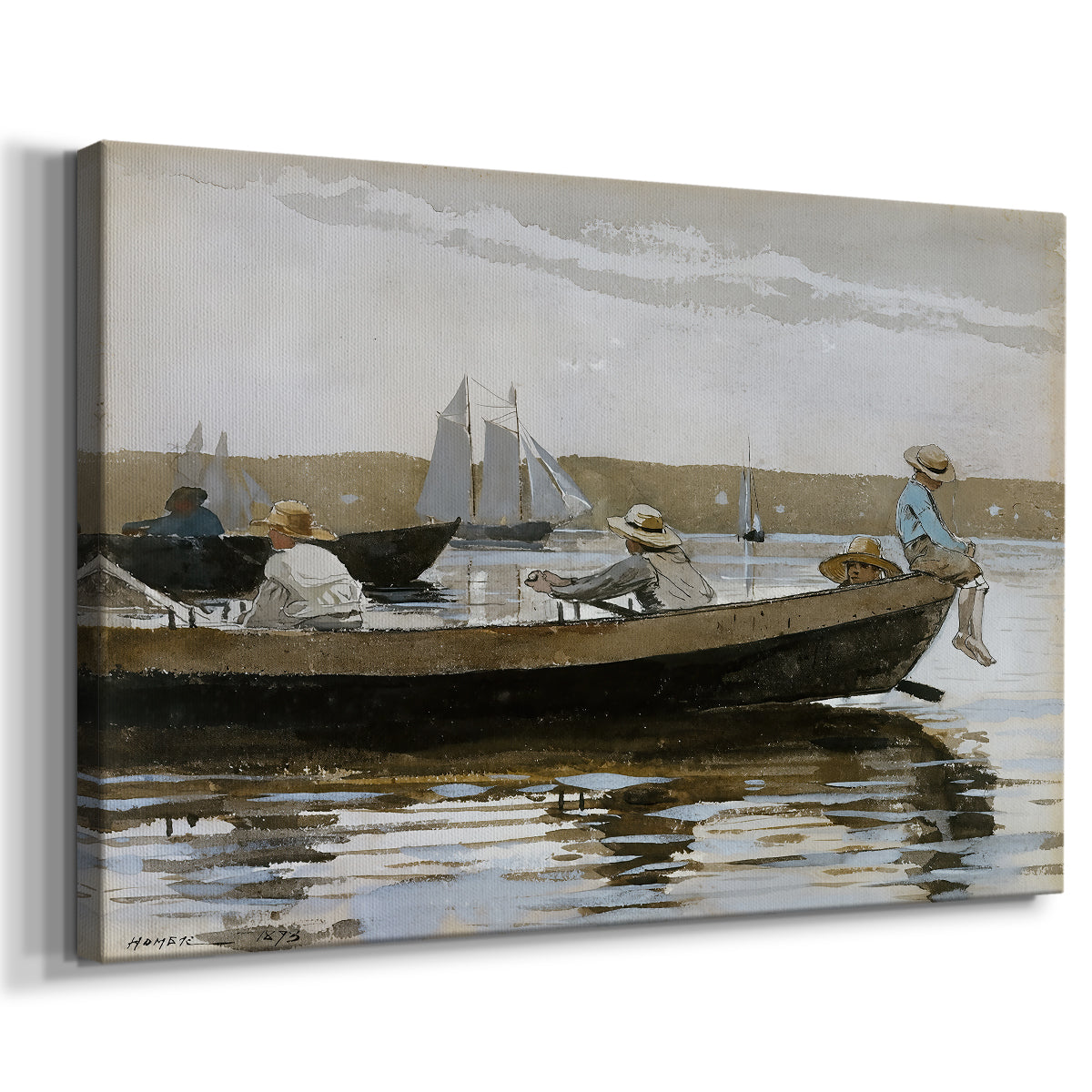 Canvas art print featuring an intimate scene with figures resting inside narrow vessel, displayed at an angle