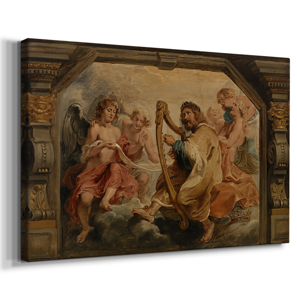 Canvas art print featuring a biblical music scene and gathered figures, displayed at an angle