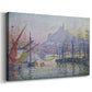 Canvas art print featuring a coastal scene with ships, displayed at an angle