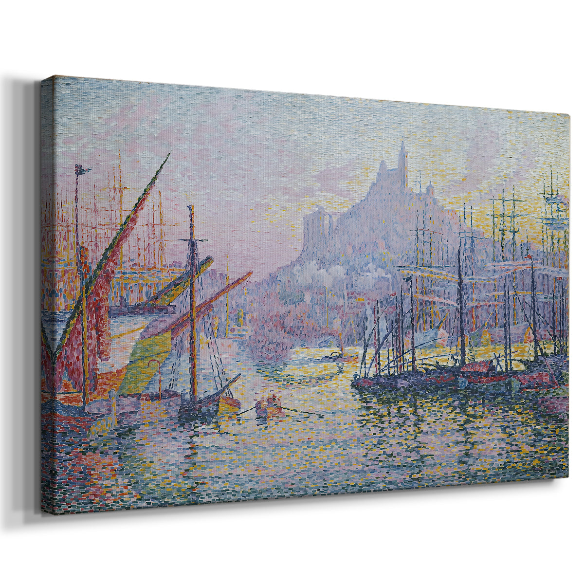 Canvas art print featuring a coastal scene with ships, displayed at an angle