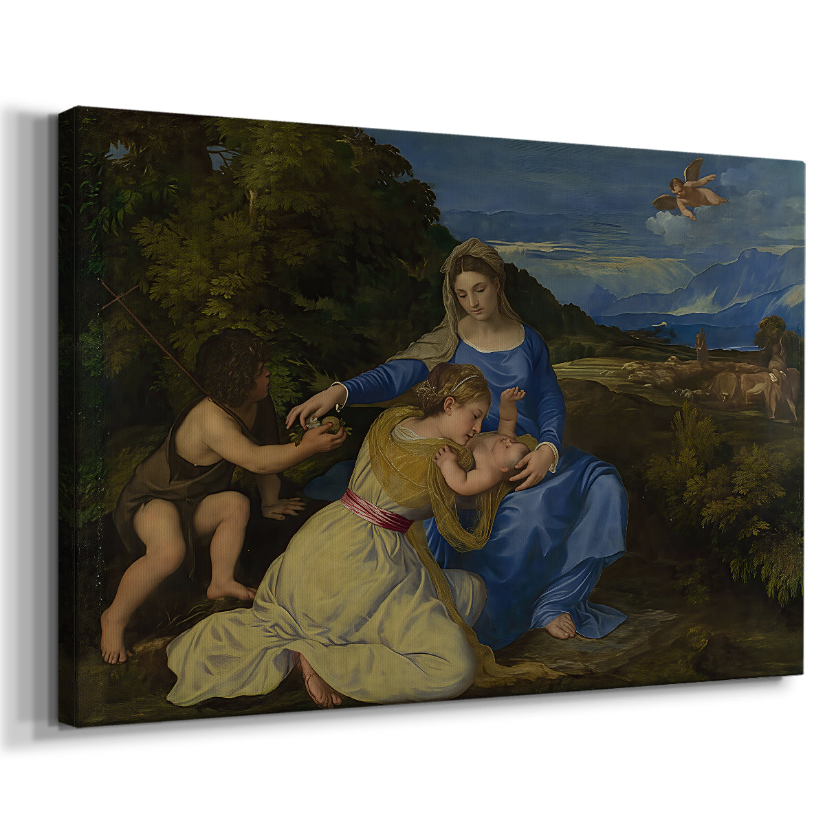 Canvas art print featuring a devotional mother-and-child scene set in open countryside, displayed at an angle