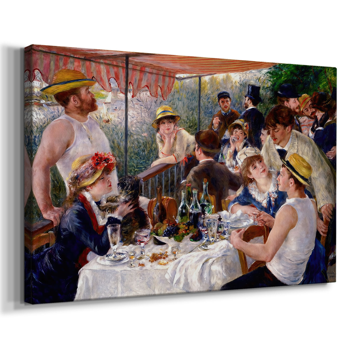 Canvas art print featuring a lively gathering of men and women eating and socializing at outdoor table, displayed at an angle