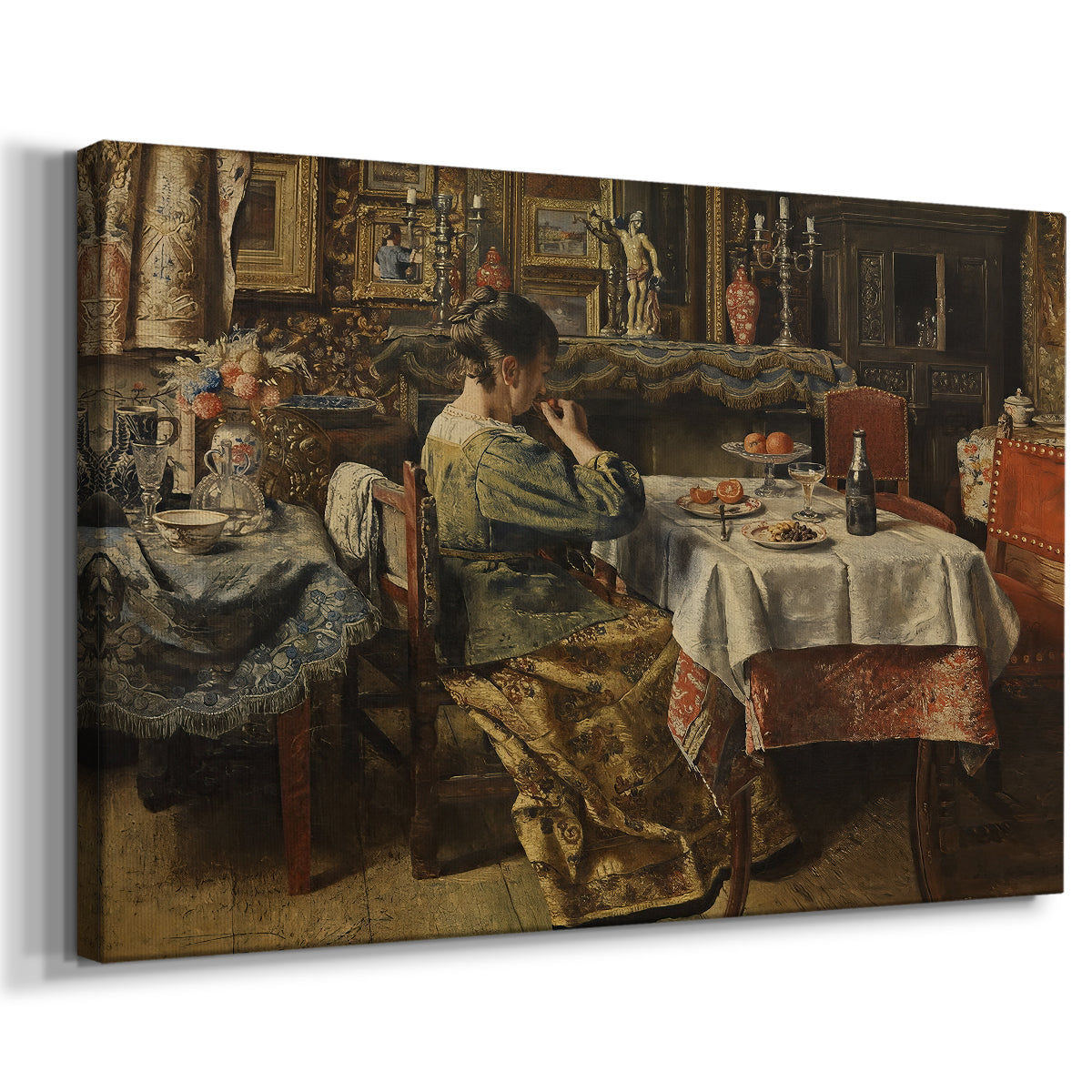Canvas art print featuring a domestic dining scene with figures gathered indoors, displayed at an angle