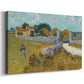 Canvas art print featuring a rural scene with building set within cultivated land, displayed at an angle