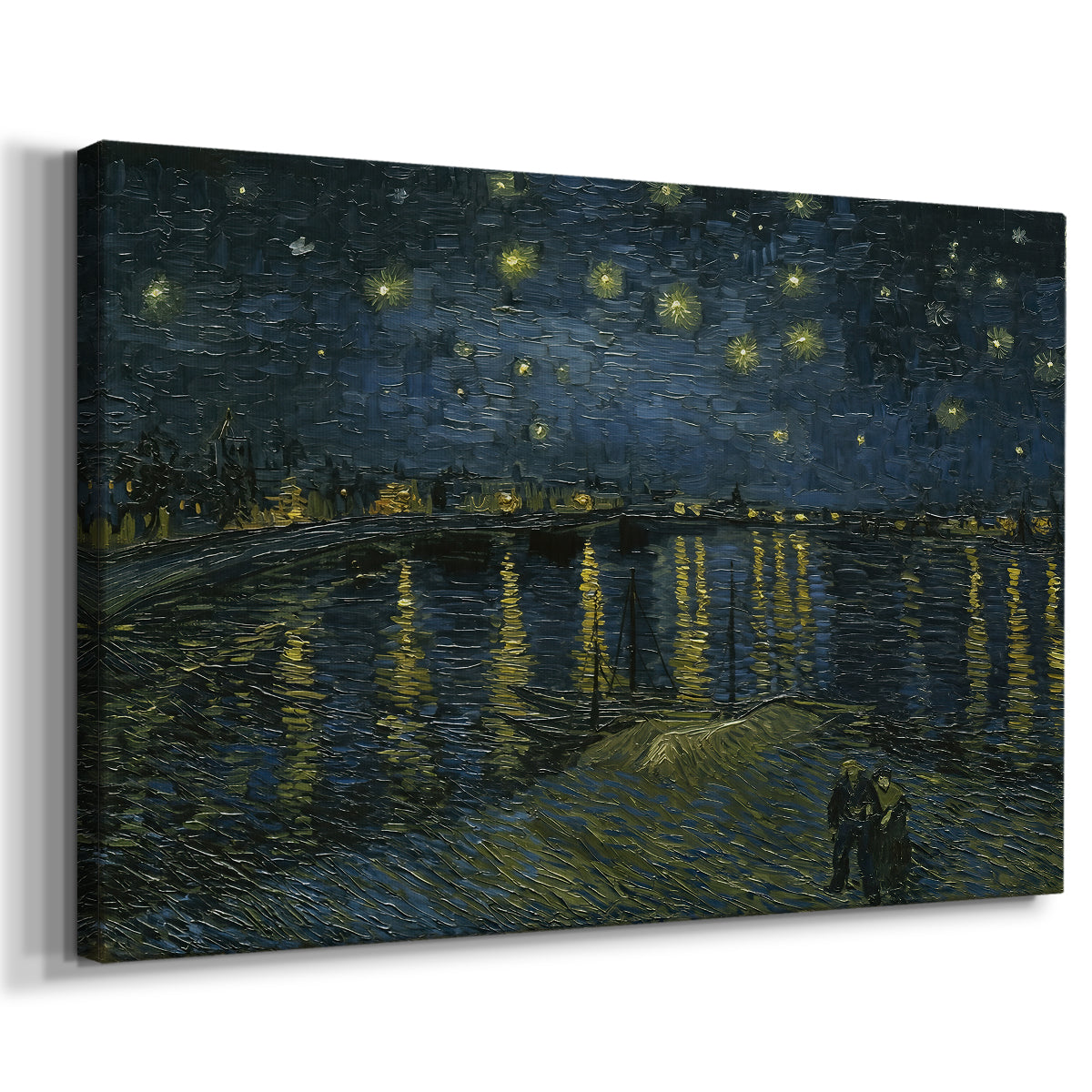 Canvas art print featuring a nighttime composition with glowing reflections stretching across river, displayed at an angle