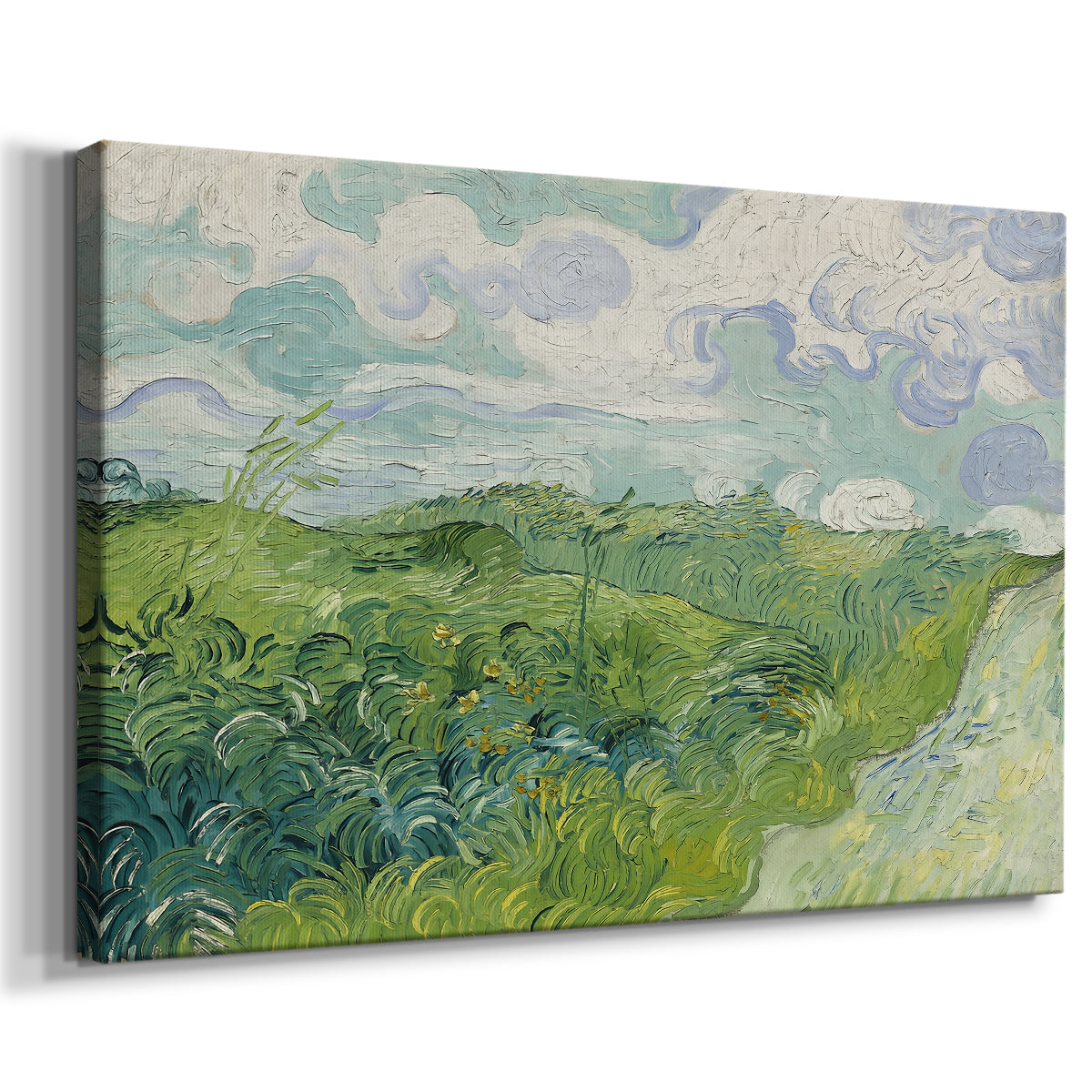 Canvas art print featuring a post-impressionist countryside scene with layered fields and horizon, displayed at an angle