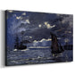 Canvas art print featuring a nocturnal seascape with boats silhouetted against glowing moon, displayed at an angle