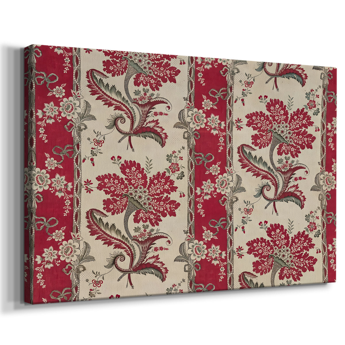 Canvas art print featuring an ornamental textile design with flowers arranged in structured clusters, displayed at an angle