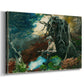 Canvas art print featuring a woodland scene with person resting beside small fire, displayed at an angle
