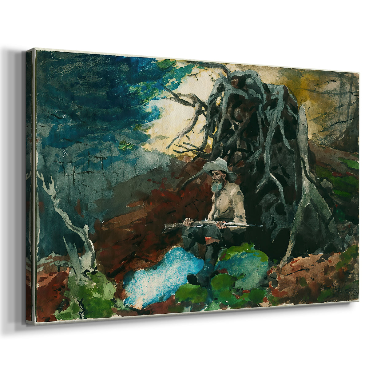 Canvas art print featuring a woodland scene with person resting beside small fire, displayed at an angle