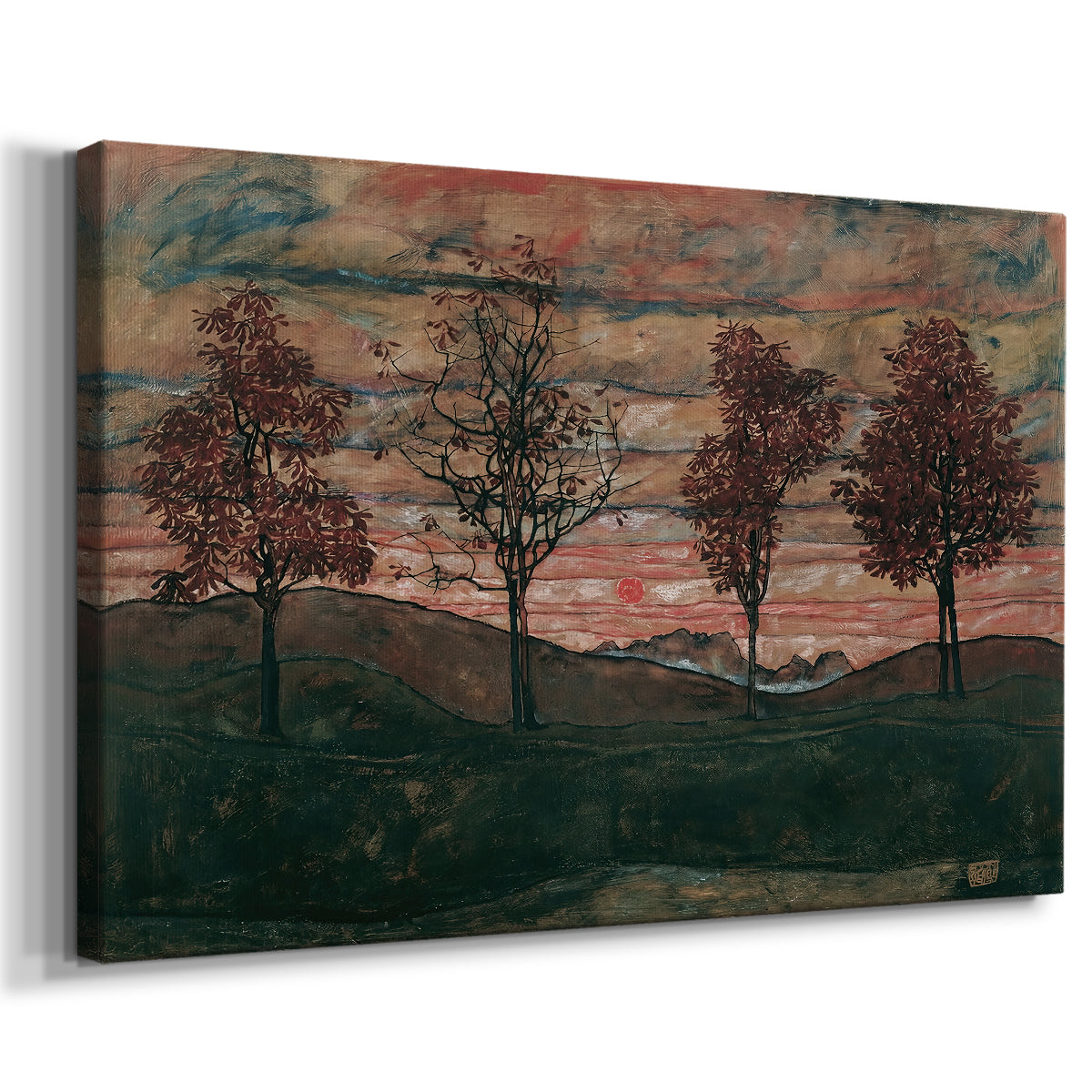 Canvas art print featuring a minimal landscape with grouped trees and expressive color, displayed at an angle