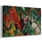 Canvas art print featuring an expressionist scene with layered shapes evoking rain and motion, displayed at an angle
