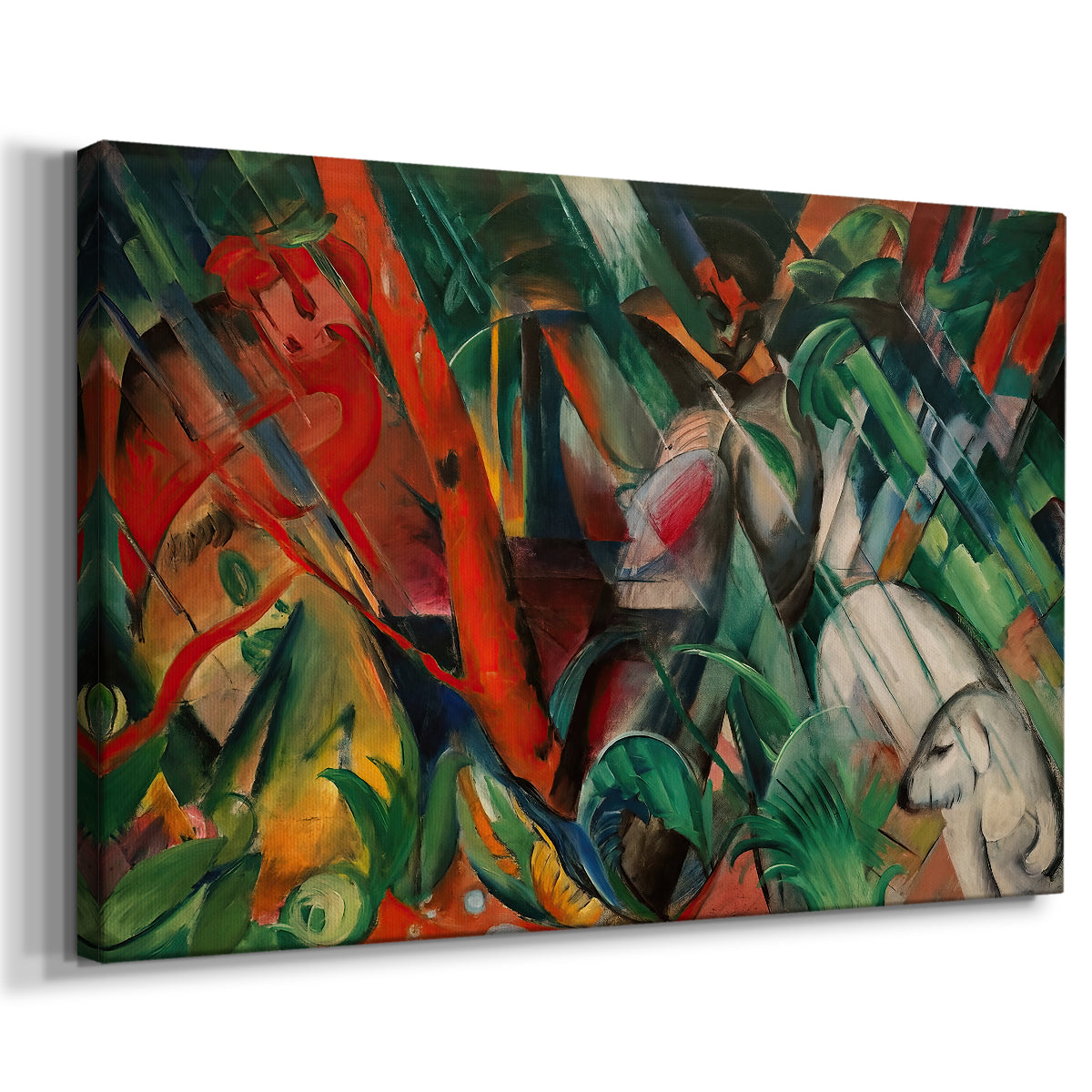 Canvas art print featuring an expressionist scene with layered shapes evoking rain and motion, displayed at an angle