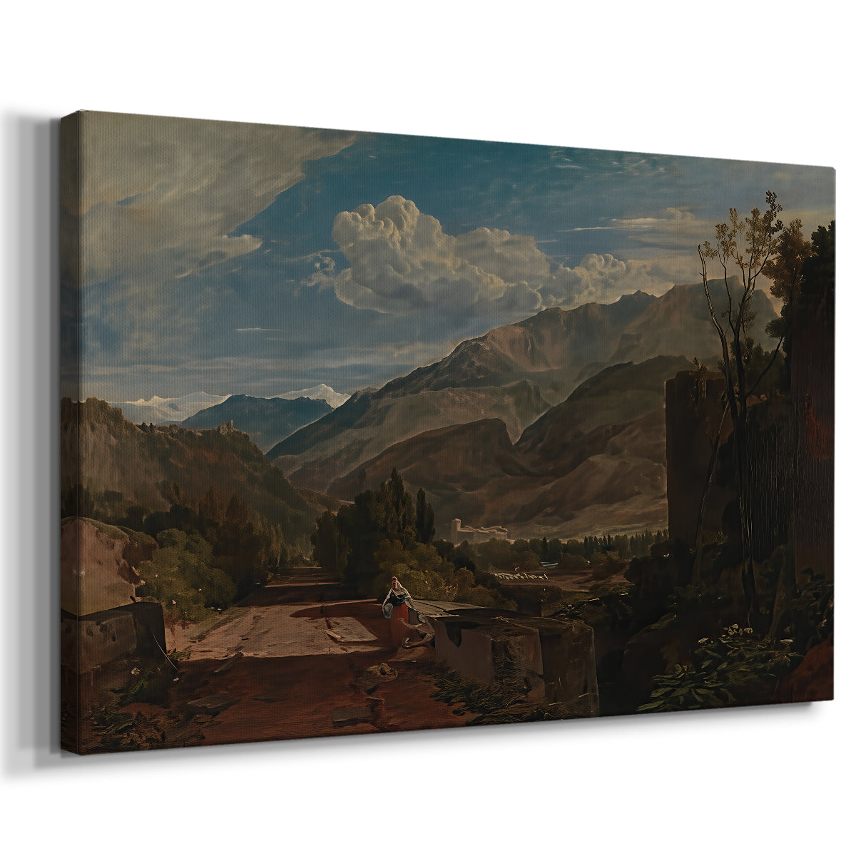 Canvas art print featuring an alpine scene with buildings and terrain, displayed at an angle