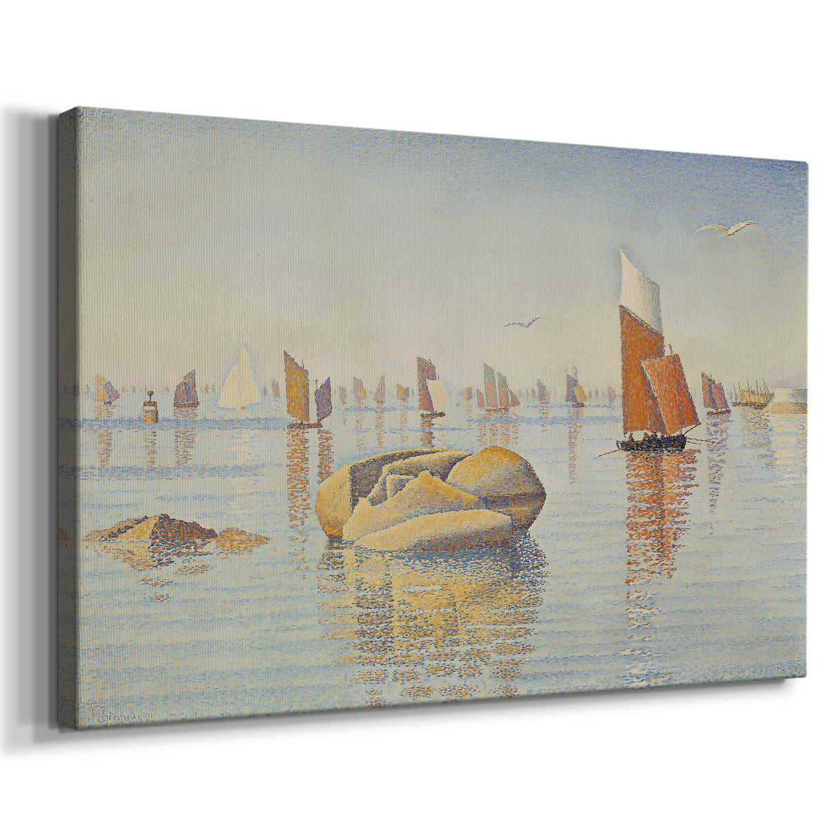 Canvas art print featuring a pointillist coastal scene with vessels, displayed at an angle