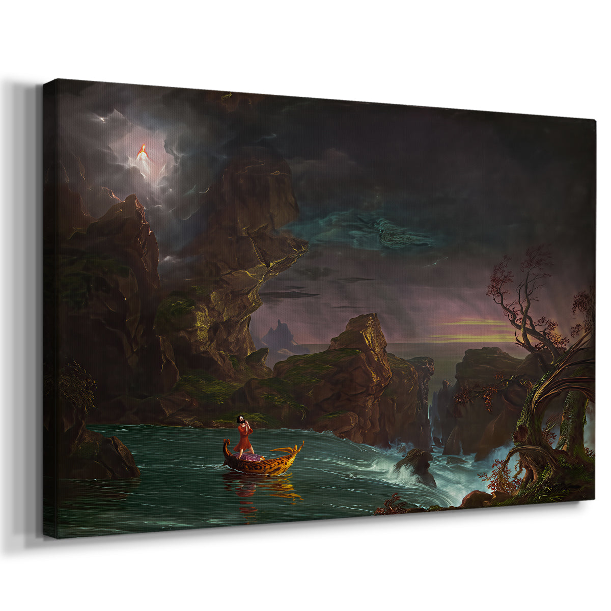 Canvas art print featuring a lone figure navigating river through dramatic landscape under dark sky, displayed at an angle