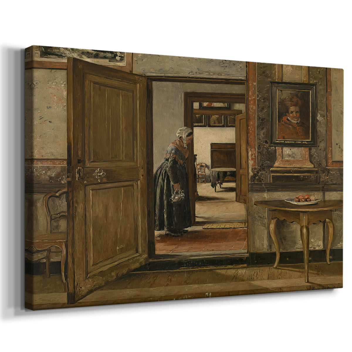 Canvas art print featuring a quiet institutional interior with doors and corridor perspective, displayed at an angle