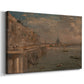 Canvas art print featuring an urban landscape with architecture and river, displayed at an angle